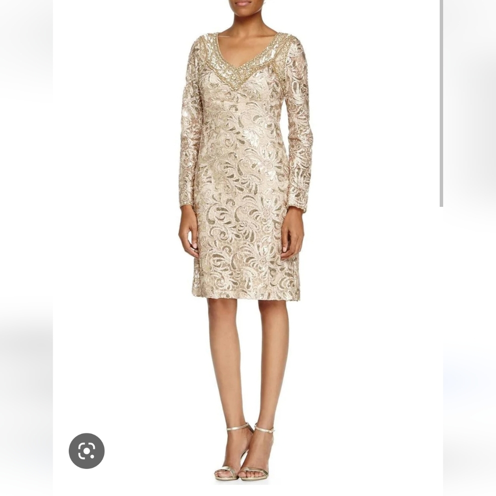 BNWT Sue Wong Beaded Sequin Embellished Beige Gold Long Sleeve Cocktail Dress 6
